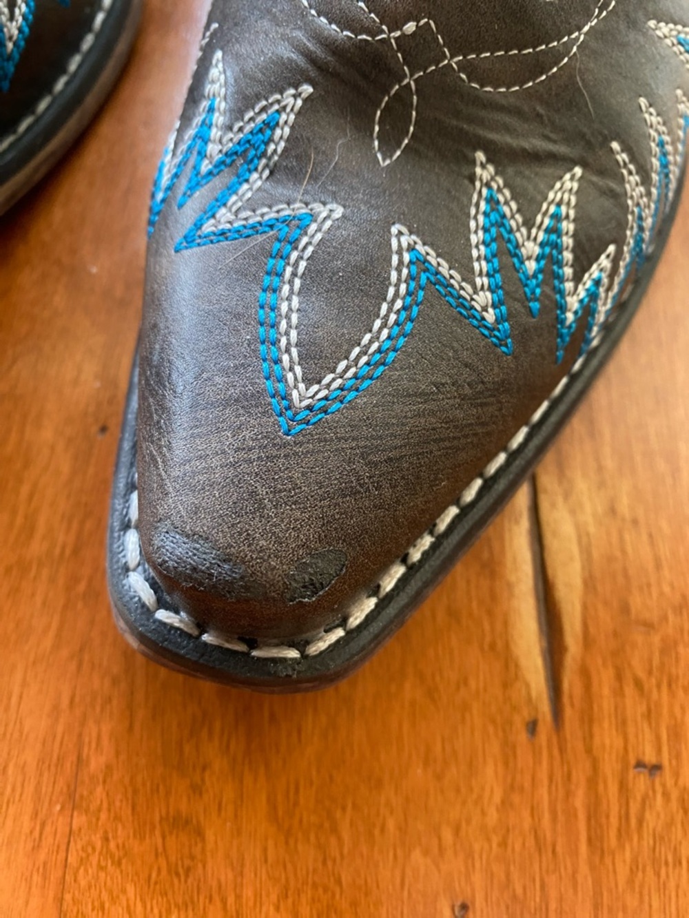Roper Brown Leather Western Slip-On Boots with Blue Embroidery - Picture 2 of 9